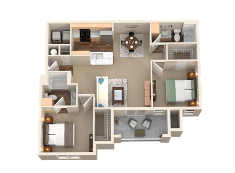 Floor plan for 2 beds, 2 baths, 1078 sqft